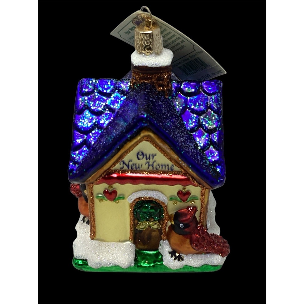 Old World Christmas Glass Ornament Cottage W/ Cardinals "Our New Home"